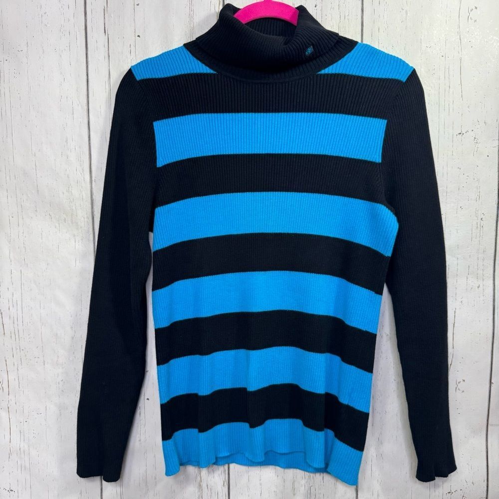 Lauren Ralph Lauren Stripe Turtleneck Sweater Black Blue Ribbed Knit Cozy